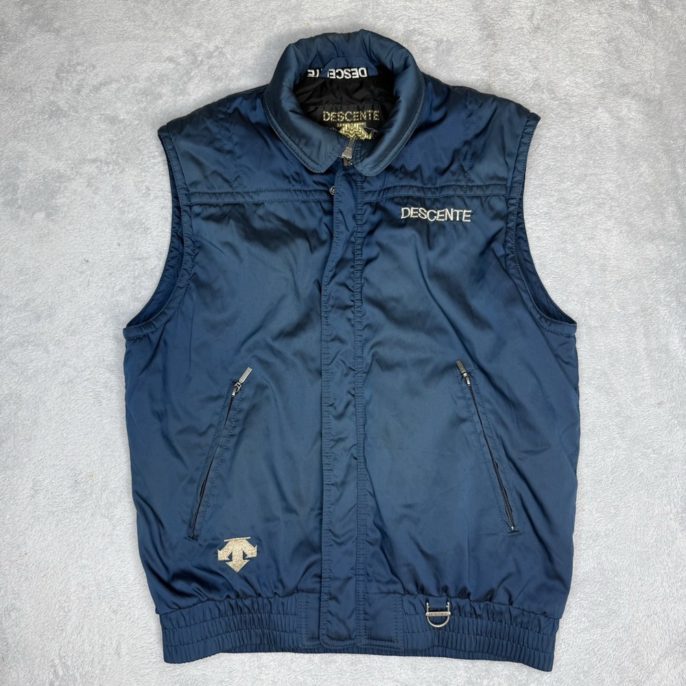 Vintage Descente Ski Vest Men's Large Blue Gold Logo 80s 90s Made Hong Kong